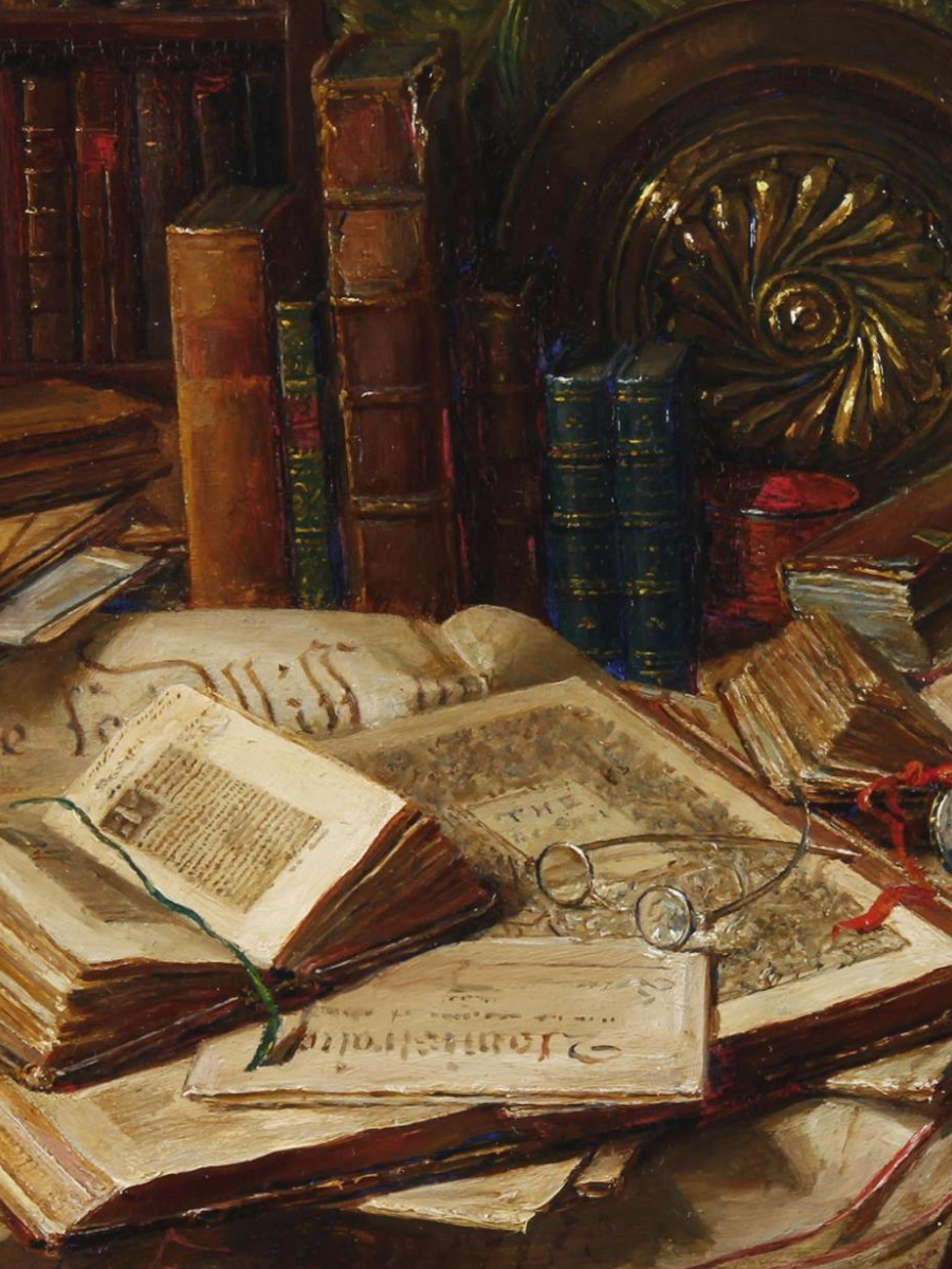 Catherine M Wood, "Old books", n.d. Public domain.